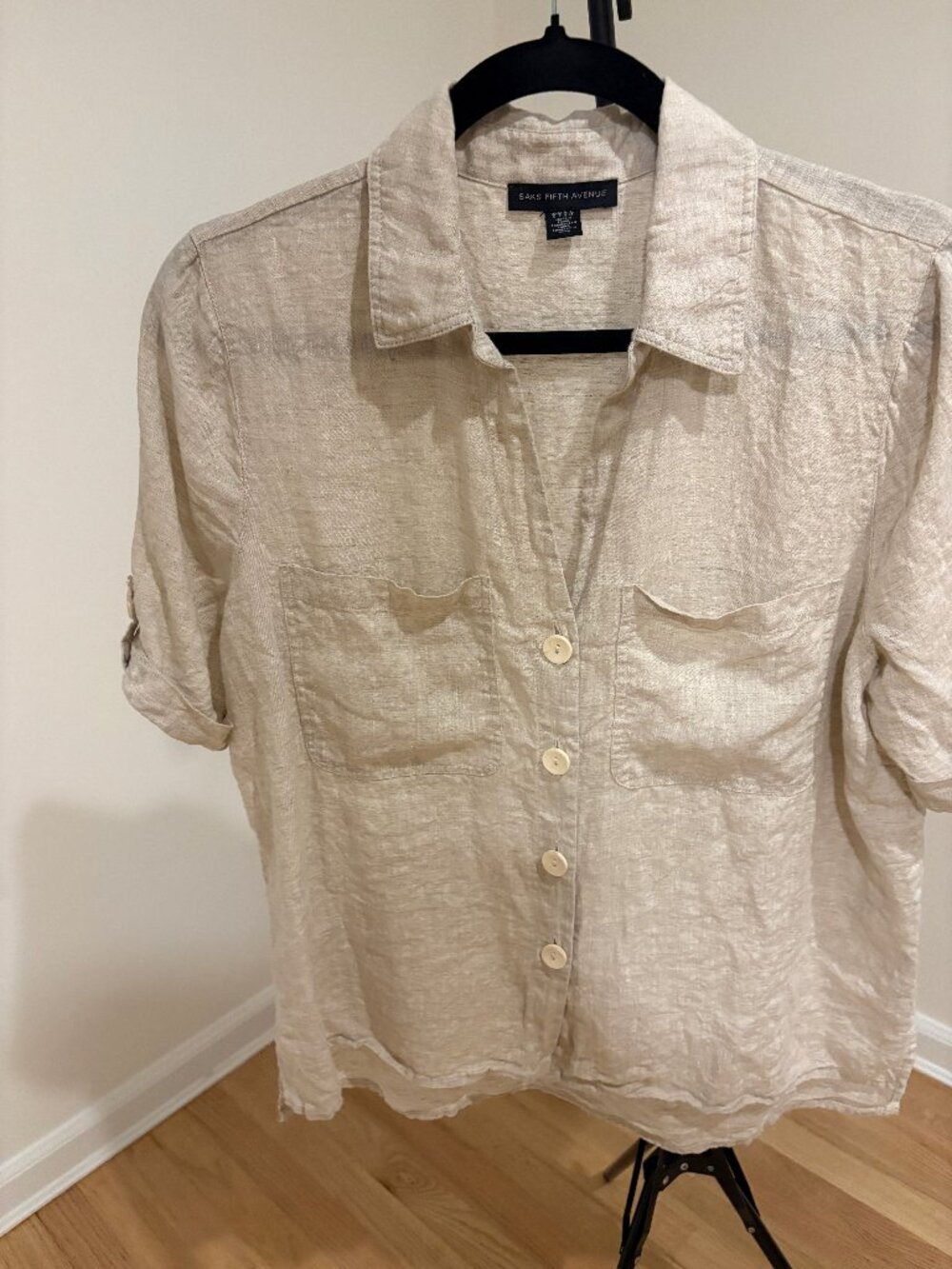 ☀️Saks Fifth Avenue Beige 100% Linen Short Sleeve Button-Down - Size S